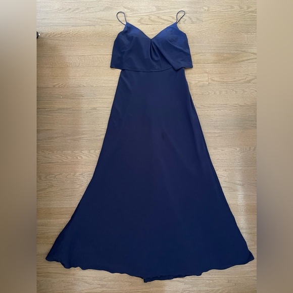 Jenny Yoo Navy Drape Spaghetti Strap Chiffon Bridesmaid Dress Size 4 - Picture 2 of 16